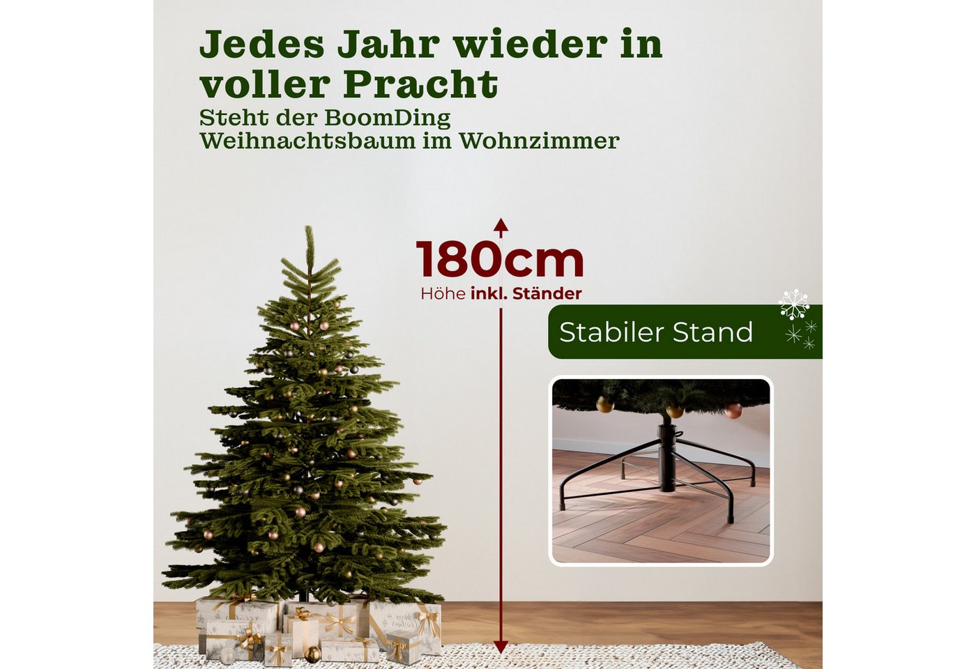 BoomDing Künstlicher Weihnachtsbaum Tannenbaum Weihnachtsbaum mit LED - 180, 210, 240 cm Höhe, Christbaum mit Metallständer und wünderschöner LED Beleuchtung – Bild 4 von 5