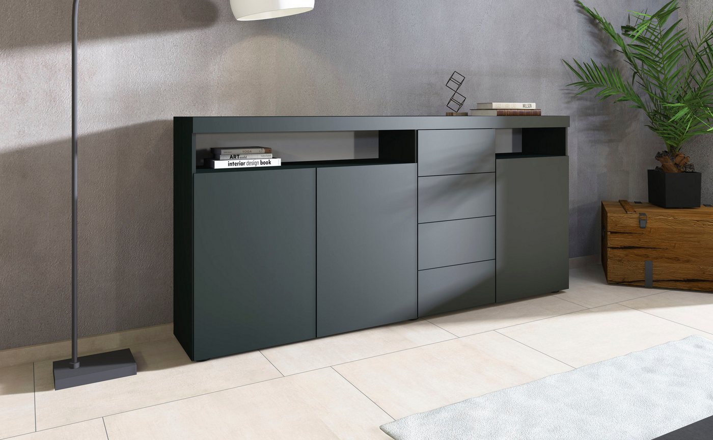 borchardt Möbel Highboard Kapstadt, Breite 200cm, Kommode mit Drucköffner, Türen, Schubladen, offene Fächer, viel Stauraum, praktisch, modern – Bild 3 von 5