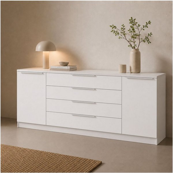 borchardt Möbel Kommode Oliva, Kommode mit Metallgriffen, Modernes Sideboard mit 2 Türen und 4 Schubkästen, Breite 200 cm