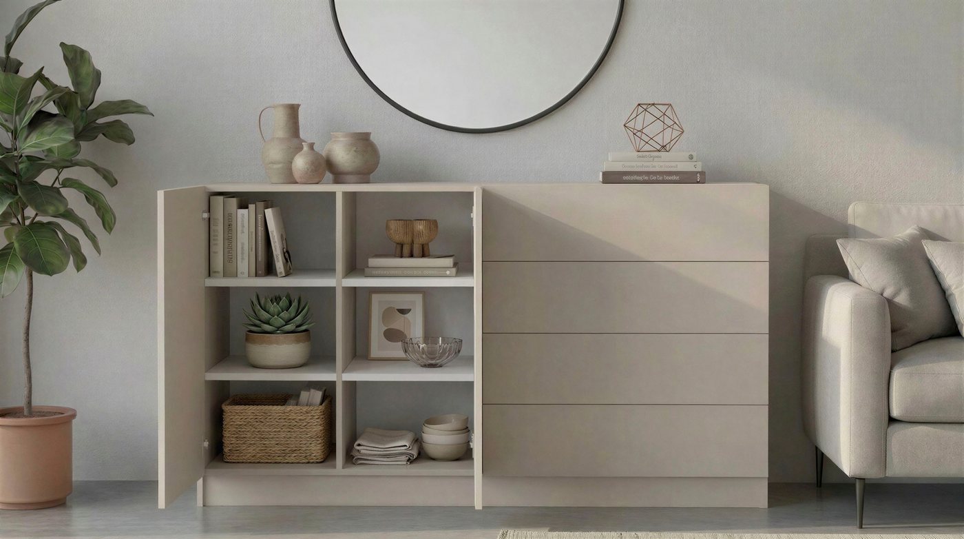 borchardt Möbel Kommode Vaasa, Breite 152cm, Höhe 79cm, grifflos, Modernes Sideboard mit 2 Türen und 4 Schubfächern – Bild 3 von 5