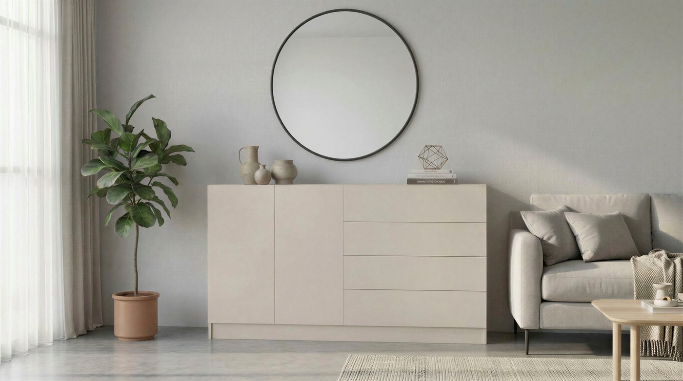 borchardt Möbel Kommode Vaasa, Breite 152cm, Höhe 79cm, grifflos, Modernes Sideboard mit 2 Türen und 4 Schubfächern – Bild 4 von 5