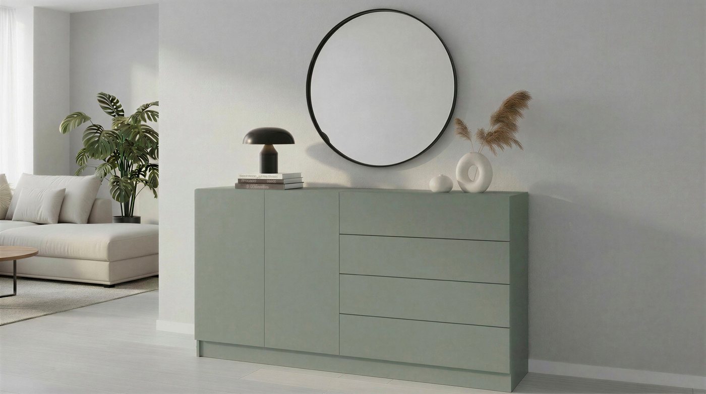 borchardt Möbel Kommode Vaasa, Breite 152cm, Höhe 79cm, grifflos, Modernes Sideboard mit 2 Türen und 4 Schubfächern – Bild 4 von 5