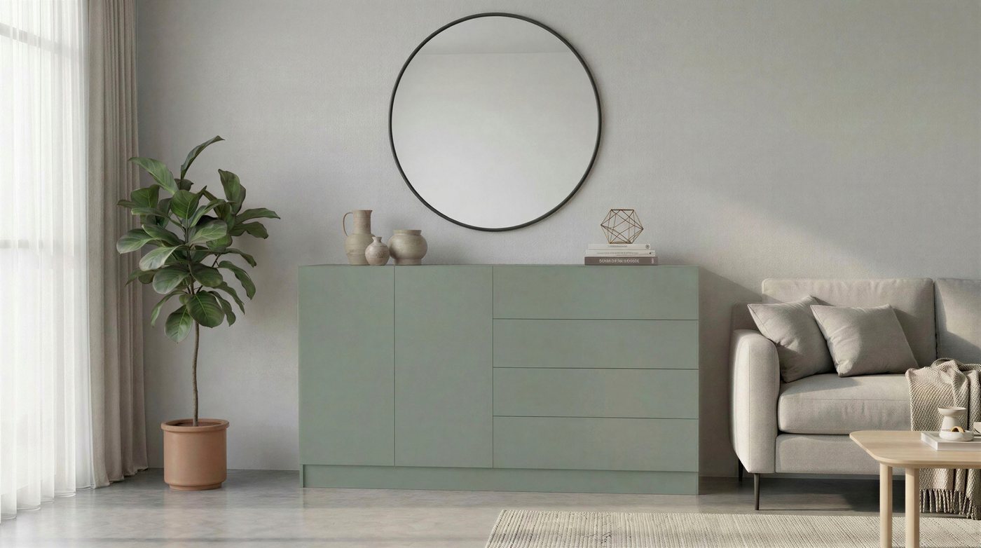 borchardt Möbel Kommode Vaasa, Breite 152cm, Höhe 79cm, grifflos, Modernes Sideboard mit 2 Türen und 4 Schubfächern – Bild 5 von 5