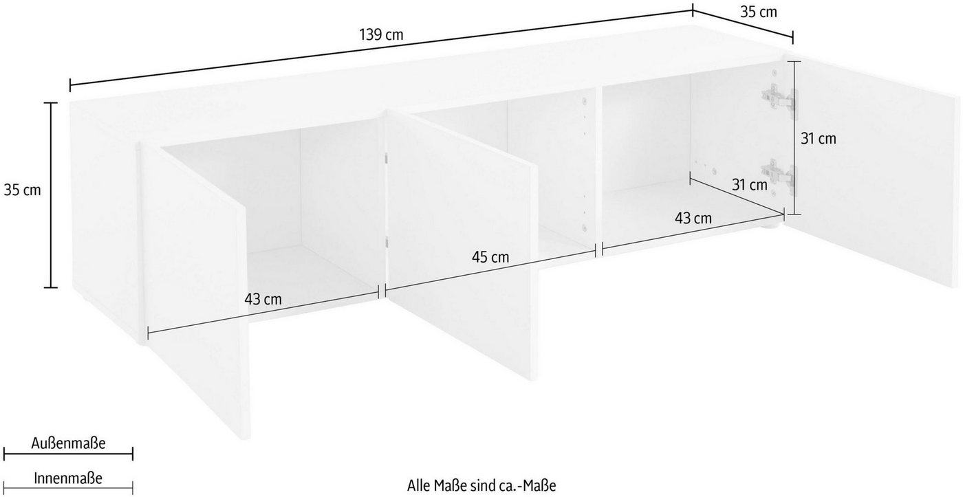 borchardt Möbel Lowboard Sophia, TV-Schrank mit 3 Türen, hängend oder stehend, Breite 139 cm mit 3 Türen, stehend und hängend – Bild 5 von 5