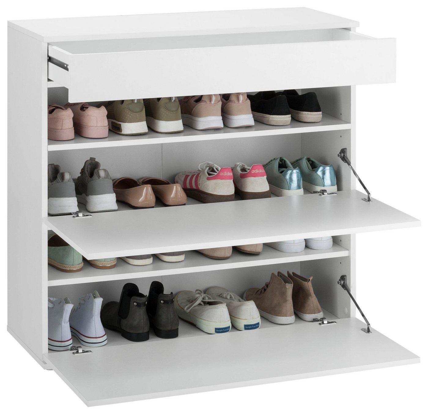 borchardt Möbel Schuhschrank Torben, Schuhregal mit 4 Fächern für ca. 16 Paar Schuhe, Breite 89 cm Push-to-open-Funktion, Schubkasten, 2 Klappen, 2 verstellbare – Bild 5 von 5