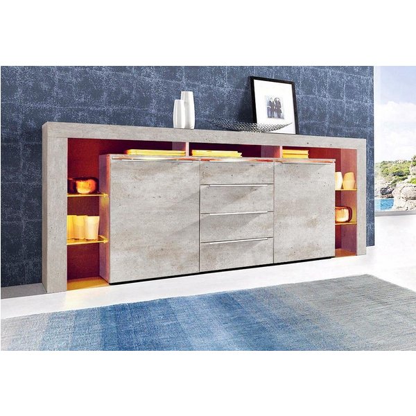 borchardt Möbel Sideboard Lima, Breite 192cm mit Metallgriffen und Glasböden, Sehr viel Stauraum, 2 Türen, 4 Schubfächer, eleganter Überbau