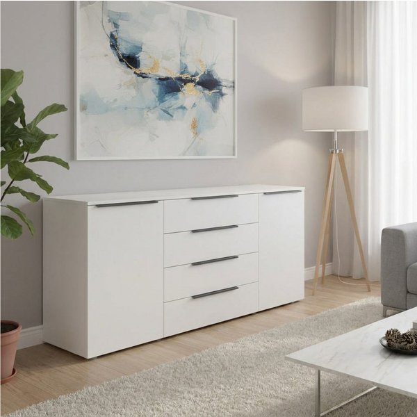 borchardt Möbel Sideboard Tom, moderne Kommode mit dunklen Metallgriffen, 166cm, 2 Türen 4 Schubfächer, variable Einlegeböden, viel Stauraum