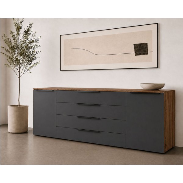borchardt Möbel Sideboard Tom, moderne Kommode mit Metallgriffen, 200cm breit, 2 Türen, 3 Schubfächer, Metallgriffe anthrazit
