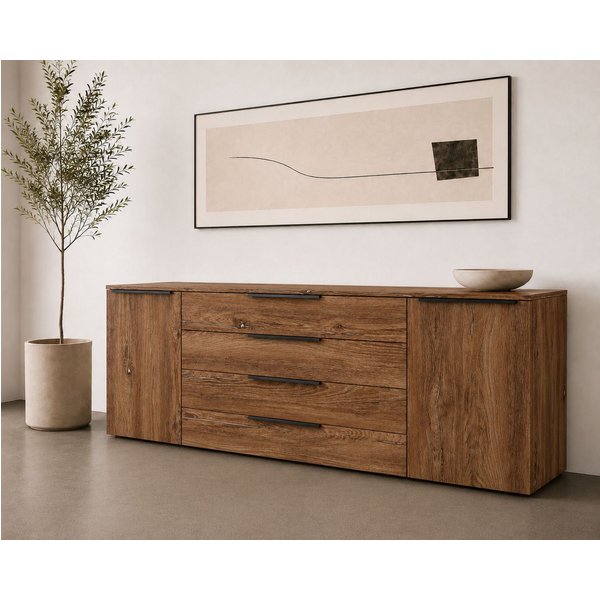borchardt Möbel Sideboard Tom, moderne Kommode mit Metallgriffen, 200cm breit, 2 Türen, 3 Schubfächer, Metallgriffe anthrazit