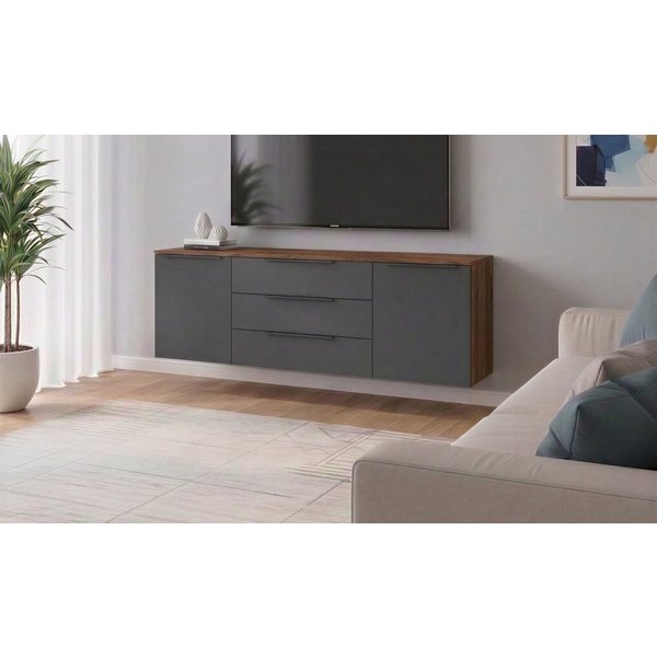 borchardt Möbel Sideboard Tom, Kommode Breite 166cm, hängend oder stehend mit Metallgriffen, 2 Türen 3 Schubkästen, verstellbare Einlegeböden
