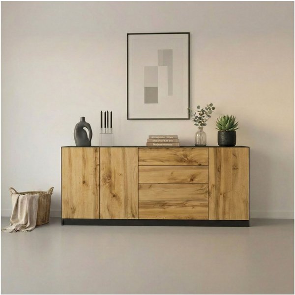 borchardt Möbel Sideboard Vaasa, Kommode mit 3 Türen und 4 Schubkästen auf Kugelführungen, Breite 190 cm