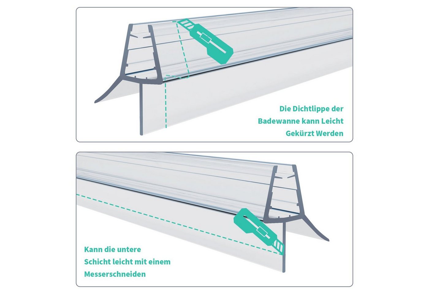 Boromal Duschdichtung 2 4 Stück Ersatzdichtung Wasserabweiser für 4/5/6mm Glas, L: 100 cm, (Schwallschutz, 2-St., für Glastür Duschtür Duschkabine), mit zwei Li – Bild 4 von 5