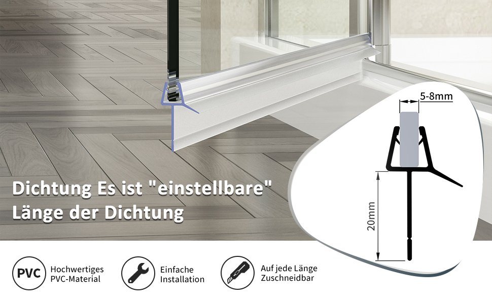 Boromal Duschdichtung 2 Stück Wasserabweiser Ersatzdichtung für 5/6/7/8mm Glas Duschtür, L: 100 cm, (Schwallschutz für Glastür, 2-St., gerade Glastür), mit zwei – Bild 2 von 5