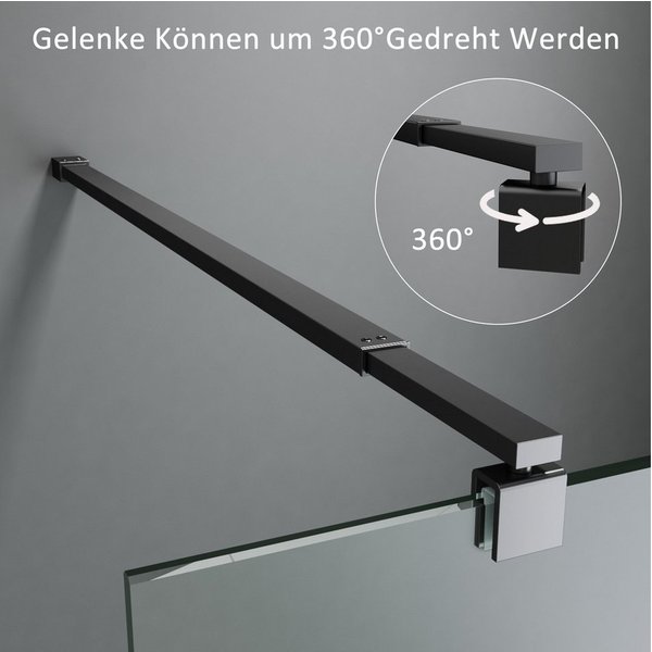 Boromal Duschwand-Stabilisationsstange Dusche Schwarz Chrom für 5-10mm Haltestange Duschwand 73-123cm, (Stabilisator 360° Drehbar, Rechteckig), für Walk In Dusc