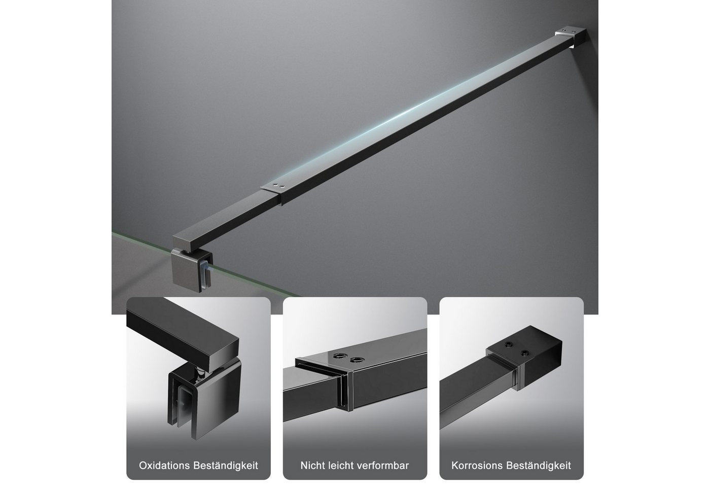 Boromal Duschwand-Stabilisationsstange Dusche Schwarz Chrom für 5-10mm Haltestange Duschwand 73-123cm, (Stabilisator 360° Drehbar, Rechteckig), für Walk In Dusc – Bild 3 von 5