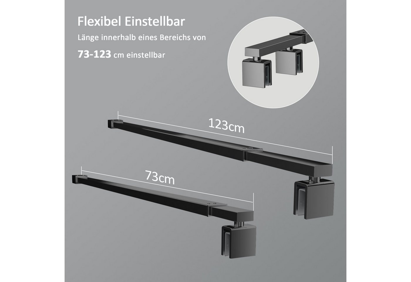 Boromal Duschwand-Stabilisationsstange Dusche Schwarz Chrom für 5-10mm Haltestange Duschwand 73-123cm, (Stabilisator 360° Drehbar, Rechteckig), für Walk In Dusc – Bild 4 von 5