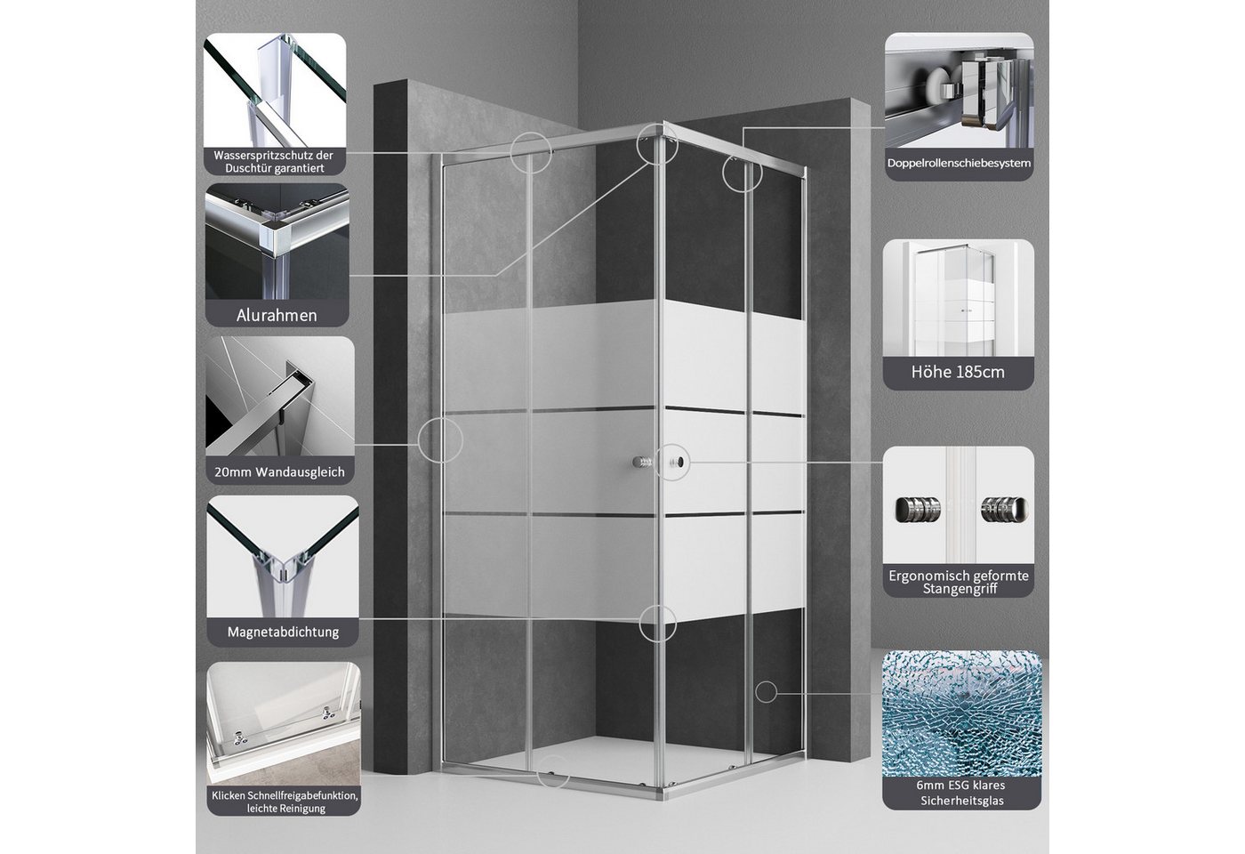 Boromal Eckdusche Duschkabine 90x90 80x80 75x90 75x75 Eckeinstieg Schiebetür H:185cm, BxT: 75x90 cm, Sicherheitsglas, verstellbar Aluprofil, Alurahmen, Duschabt – Bild 3 von 5