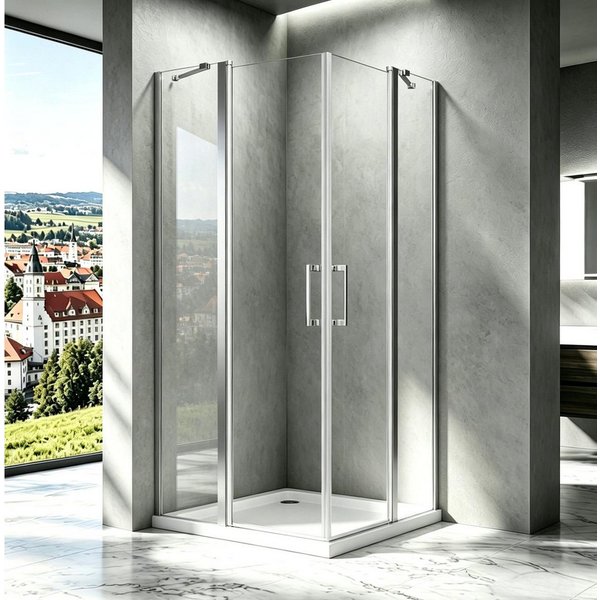Boromal Eckdusche Duschkabine 90x90 Pendeltür 80x80 Eckeinstieg Schwingtüren Drehtür, BxT: 75x75 cm, Sicherheitsglas, Duschtrennwand Dusche 6mm ESG NANO Glas Du