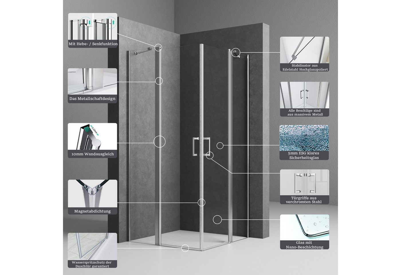 Boromal Eckdusche Duschkabine Duschabtrennung Eckeinstieg Falttür Scharniertür Nano ESG, BxT: 75x90 cm, mit Zinklegierung-Haltestangen,Aluminiumsprofil, Dusche, – Bild 2 von 5