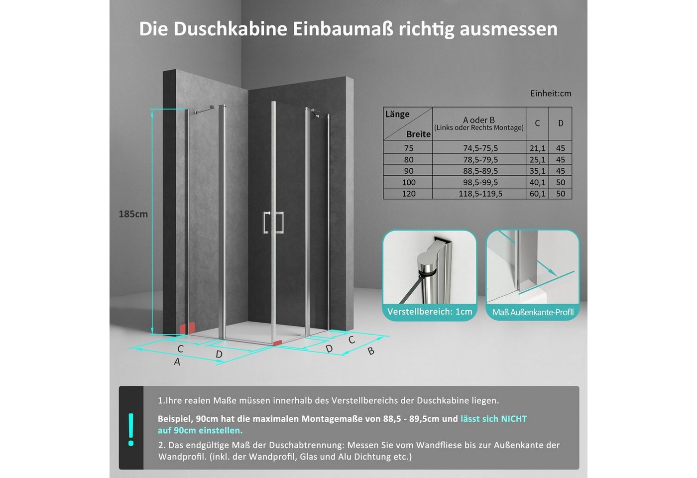Boromal Eckdusche Duschkabine Duschabtrennung Eckeinstieg Falttür Scharniertür Nano ESG, BxT: 75x90 cm, mit Zinklegierung-Haltestangen,Aluminiumsprofil, Dusche, – Bild 4 von 5
