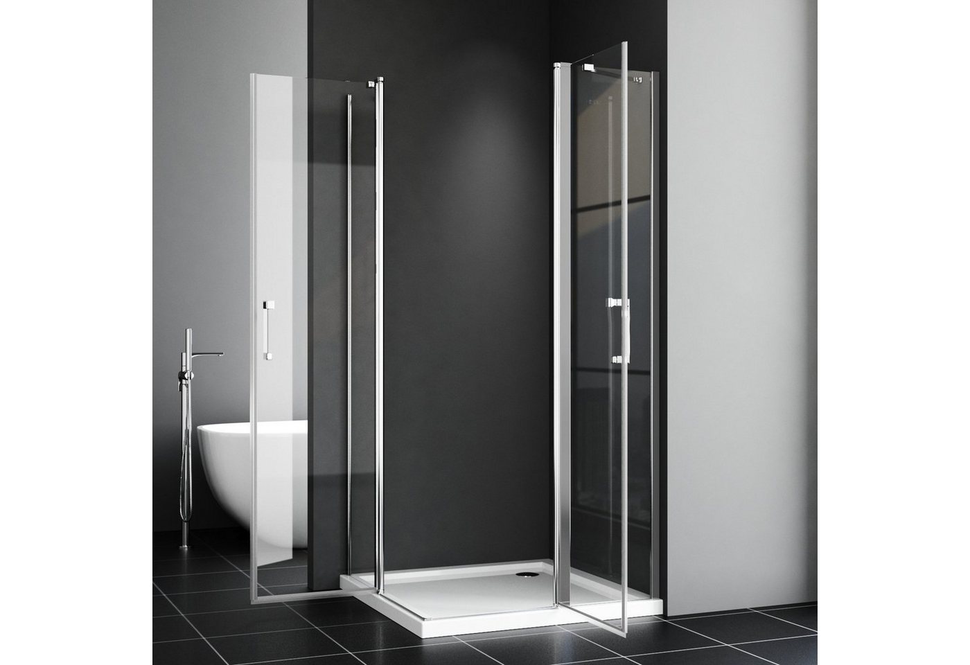 Boromal Eckdusche Duschkabine Duschabtrennung Eckeinstieg Falttür Scharniertür Nano ESG, BxT: 75x90 cm, mit Zinklegierung-Haltestangen,Aluminiumsprofil, Dusche, – Bild 5 von 5