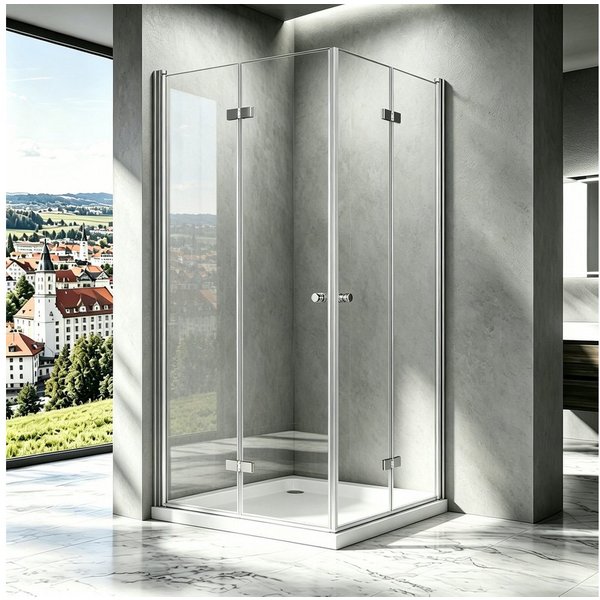 Boromal Eckdusche Duschkabine Eckeinstieg Falttür 185/195H Duschabtrennung Dusche, BxT: 90x90 cm, Sicherheitsglas, Doppel Falttür, 70-120cm, Links- und Rechtsmo