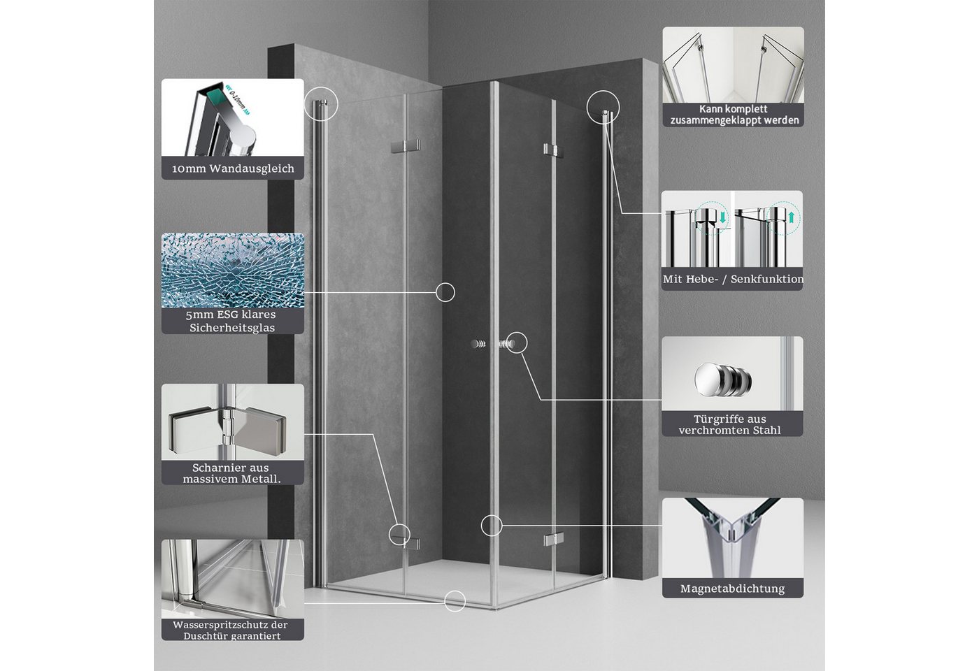 Boromal Eckdusche Duschkabine Eckeinstieg Falttür 185/195H Duschabtrennung Dusche, BxT: 90x90 cm, Sicherheitsglas, Doppel Falttür, 70-120cm, Links- und Rechtsmo – Bild 4 von 5