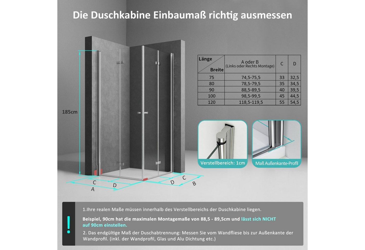 Boromal Eckdusche Duschkabine Eckeinstieg Falttür 185/195H Duschabtrennung Dusche, BxT: 90x90 cm, Sicherheitsglas, Doppel Falttür, 70-120cm, Links- und Rechtsmo – Bild 5 von 5