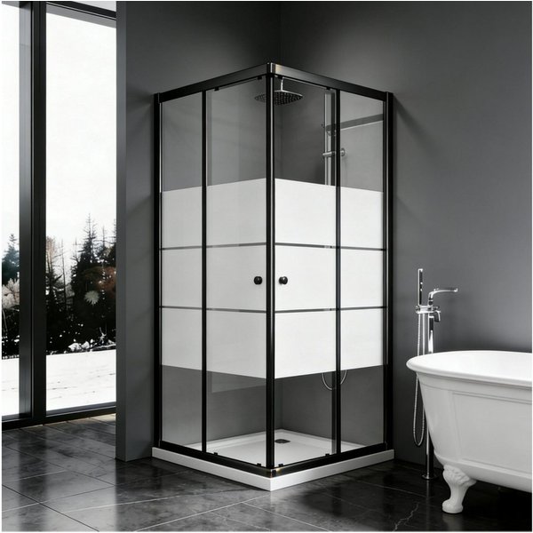 Boromal Eckdusche Duschkabine Schwarz mit Schiebetür Milchglas Höhe:185cm, BxT: 75x75 cm, Sicherheitsglas, 5mm ESG Glas Dusche Duschwand Duschabtrennung