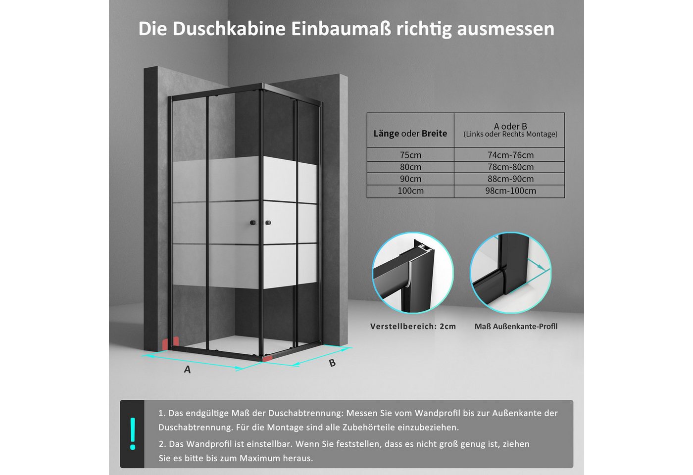 Boromal Eckdusche Duschkabine Schwarz mit Schiebetür Milchglas Höhe:185cm, BxT: 75x75 cm, Sicherheitsglas, 5mm ESG Glas Dusche Duschwand Duschabtrennung – Bild 4 von 5
