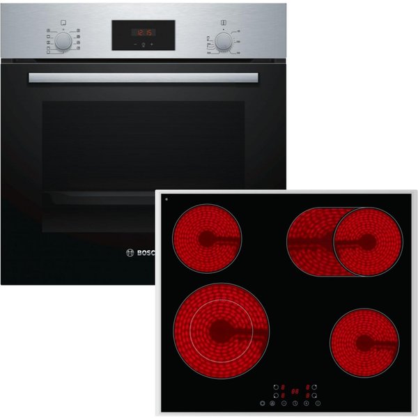 BOSCH Backofen-Set Teleskopauszug Versenkknebel 3D + PKM Glaskeramikkochfeld Bräterzone, mit 1-fach Teilauszug