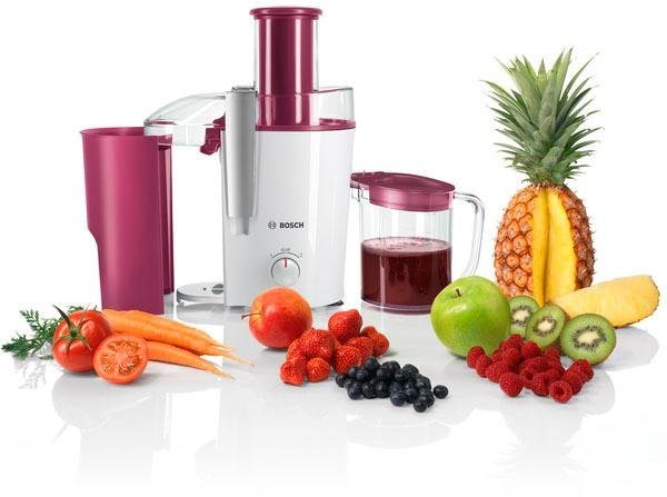 BOSCH Entsafter VitaJuice 2 MES25C0, XL-Einfüllschacht, Edelstahl-Microfilter-Sieb, 700 W, Ausgießer mit DripStop, spülmaschinengeeignet, weiß / cherry cassis – Bild 2 von 5