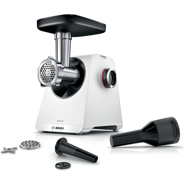 BOSCH Fleischwolf Serie 4 MFWS420W, 1900 W Blockierlei., 2 Flügel-Messer, 2 Stufen, weiß, 500 W, Metallkupplung, Wurststopfer, 10 J Motorgarantie, Rücklauffunkt