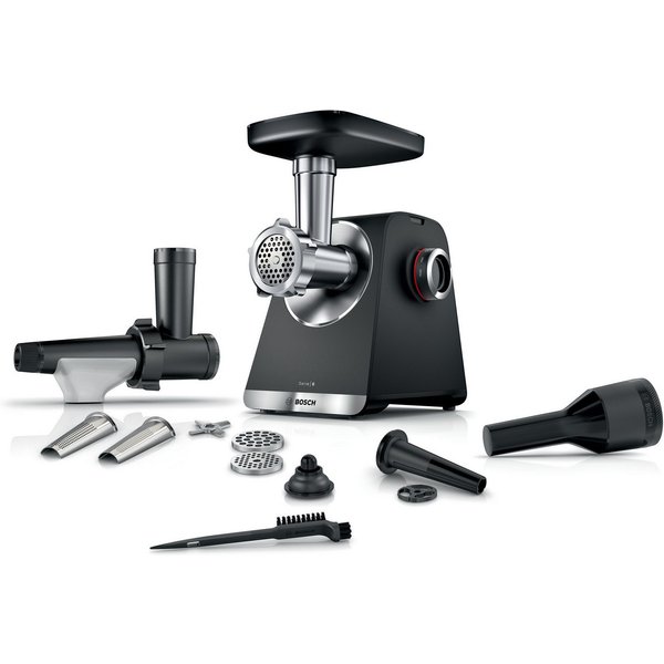 BOSCH Fleischwolf Serie 6 MFWS650B, 3,5kg/Min., 2 Lochscheiben (3 & 8mm), schwarz, 500 W, 2 Stufen, Rücklauf, Wurststopfer, 10 J Motorgarantie, Planetengetriebe