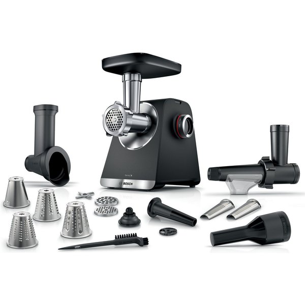 BOSCH Fleischwolf Serie 6 MFWS660B, 3,5kg/Min., Raspel, 2 Lochscheiben (3&8mm), schwarz, 500 W, Fruchtpresse, 2 Stufen, 10 J Motorgarantie, Planetengetriebe