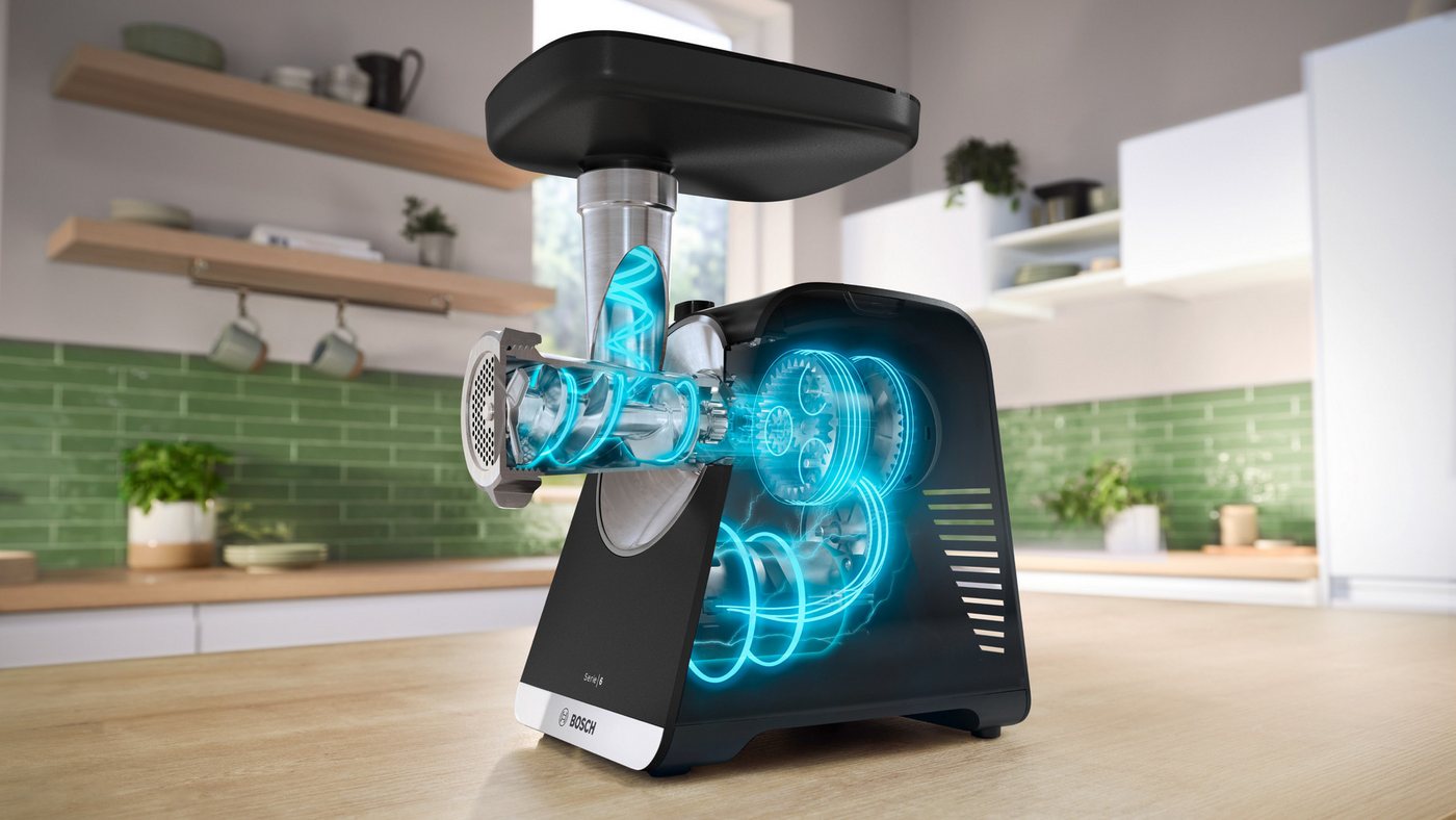 BOSCH Fleischwolf Serie 6 MFWS660B, 3,5kg/Min., Raspel, 2 Lochscheiben (3&8mm), schwarz, 500 W, Fruchtpresse, 2 Stufen, 10 J Motorgarantie, Planetengetriebe – Bild 4 von 5