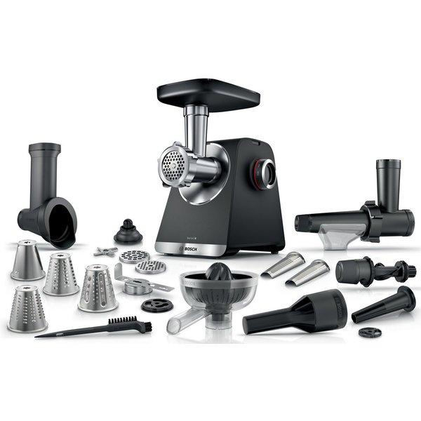 BOSCH Fleischwolf Serie 6 MFWS682B, 3,5kg/Min., Zitruspresse, Raspel, Wurststopfer, 500 W, 2 Lochscheiben (3&8mm), 10 J Motorgarantie, Planetengetriebe, schwarz