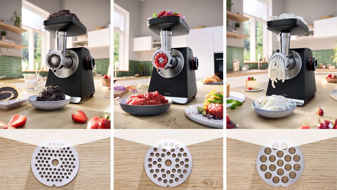 BOSCH Fleischwolf Serie 6 MFWS682B, 3,5kg/Min., Zitruspresse, Raspel, Wurststopfer, 500 W, 2 Lochscheiben (3&8mm), 10 J Motorgarantie, Planetengetriebe, schwarz – Bild 3 von 5