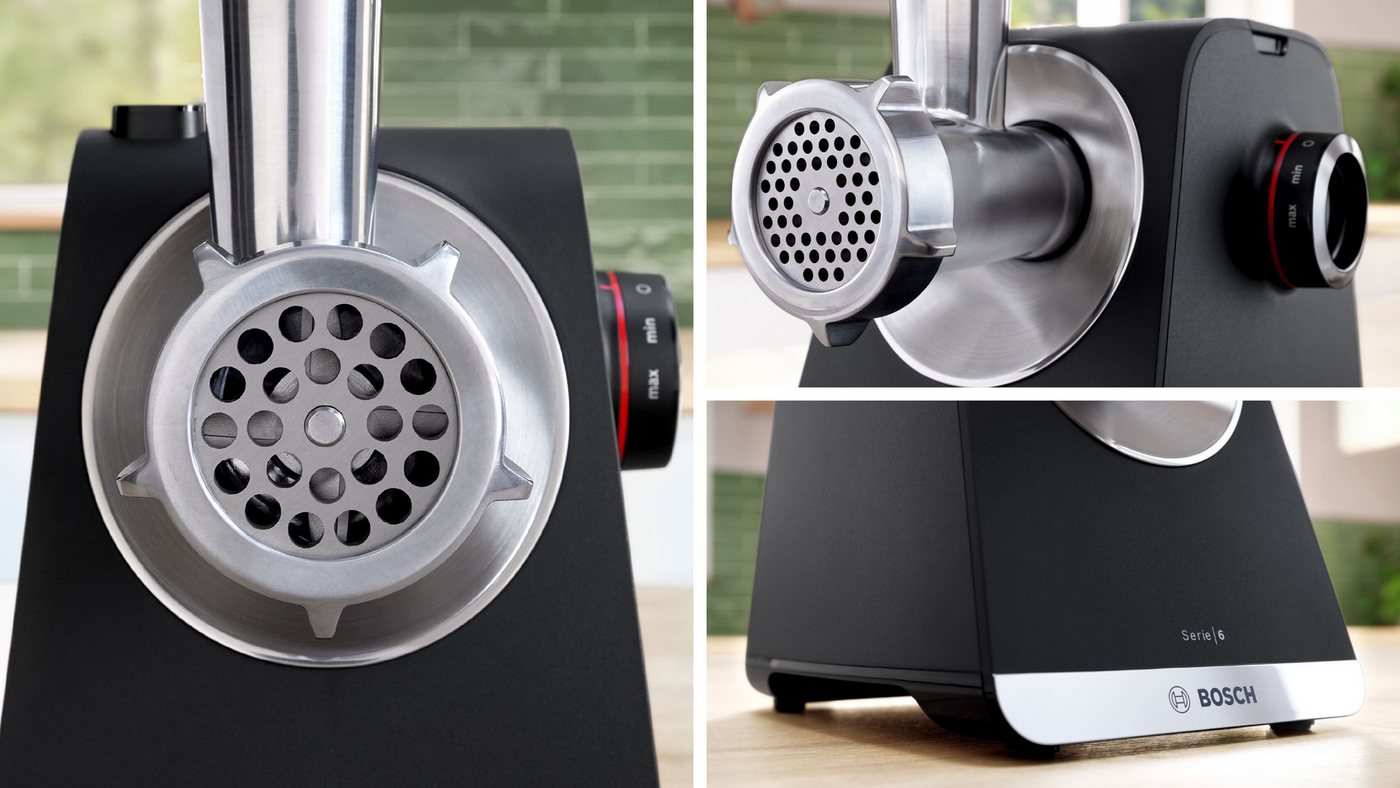 BOSCH Fleischwolf Serie 6 MFWS682B, 3,5kg/Min., Zitruspresse, Raspel, Wurststopfer, 500 W, 2 Lochscheiben (3&8mm), 10 J Motorgarantie, Planetengetriebe, schwarz – Bild 5 von 5