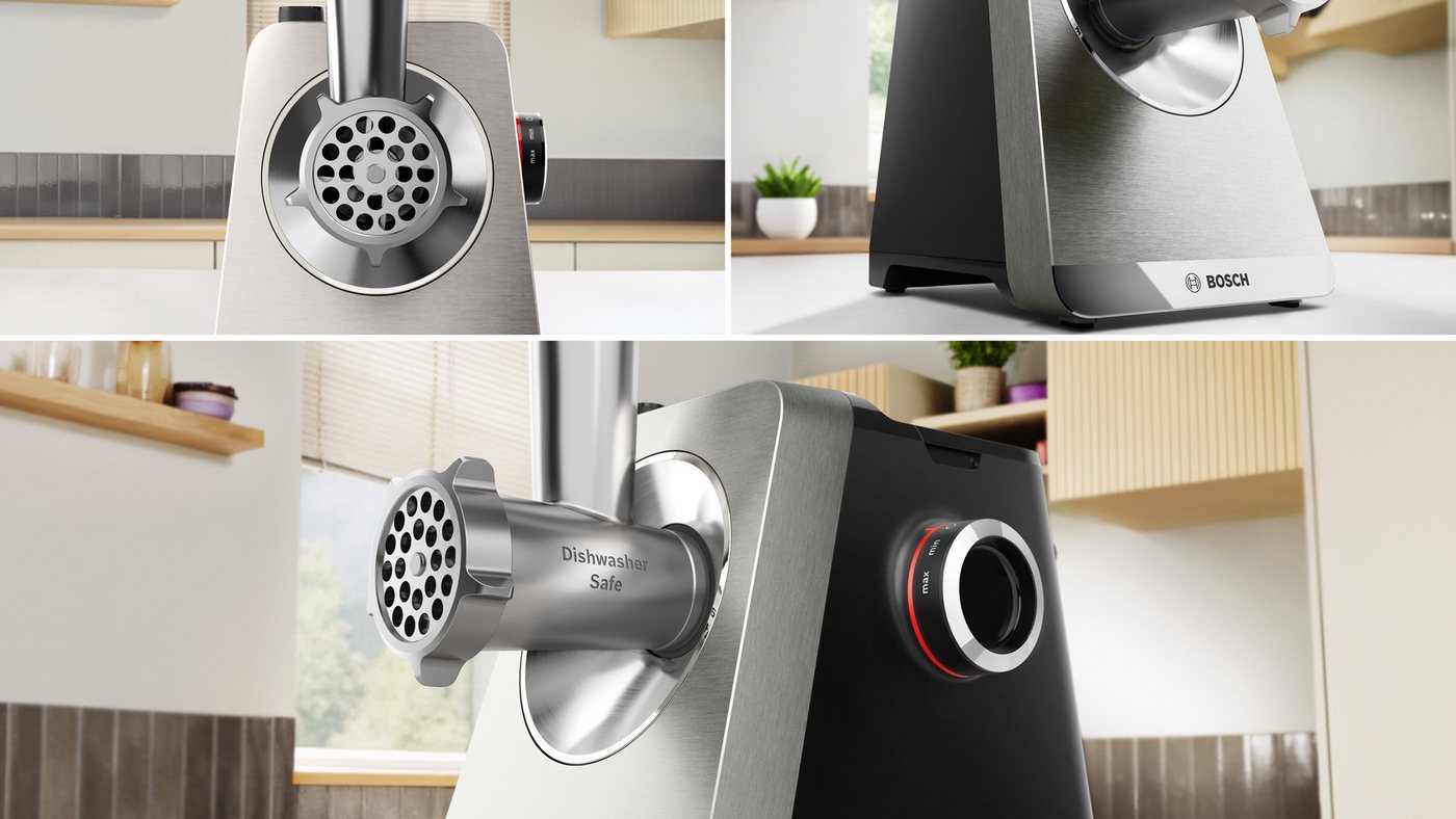 BOSCH Fleischwolf Serie 8 MFWS820M, bis zu 4,5 kg Fleisch pro Min., spülmaschinenfest, 800 W, Edelstahl, 10-Jahre Motorgarantie, mit drei Lochscheiben, 2.500 W – Bild 3 von 5