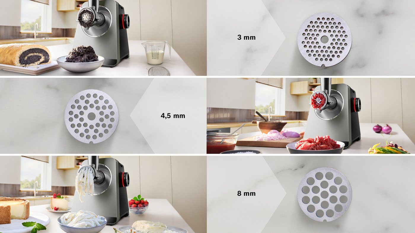 BOSCH Fleischwolf Serie 8 MFWS820M, bis zu 4,5 kg Fleisch pro Min., spülmaschinenfest, 800 W, Edelstahl, 10-Jahre Motorgarantie, mit drei Lochscheiben, 2.500 W – Bild 5 von 5