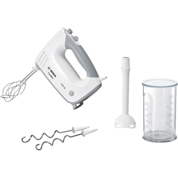 BOSCH Handmixer ErgoMixx MFQ36440, Edelst. Rührbesen/Knethaken, 5 Stufen, Mixfuß, weiß, 450 W, Mixbecher, ergonom. Soft-Touch-Griff, Made in Europe