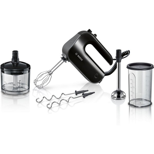 BOSCH Handmixer Home Professional MFQ4980B, Edelstahl Besen/Knethaken, Mixfuß, schwarz, 850 W, Spiralkabel, 5 Stufen, Turbostufe, Zerkleinerer, Mixbecher, Made 