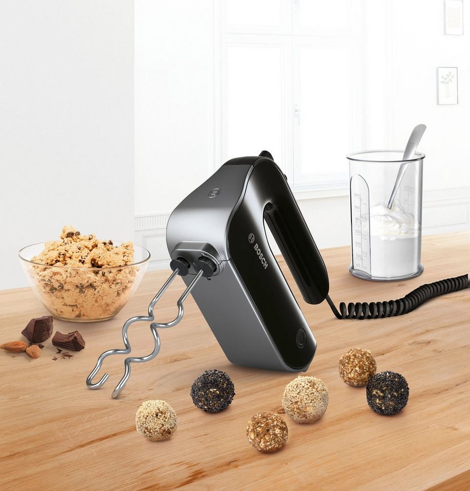 BOSCH Handmixer Home Professional MFQ4980B, Edelstahl Besen/Knethaken, Mixfuß, schwarz, 850 W, Spiralkabel, 5 Stufen, Turbostufe, Zerkleinerer, Mixbecher, Made  – Bild 2 von 3