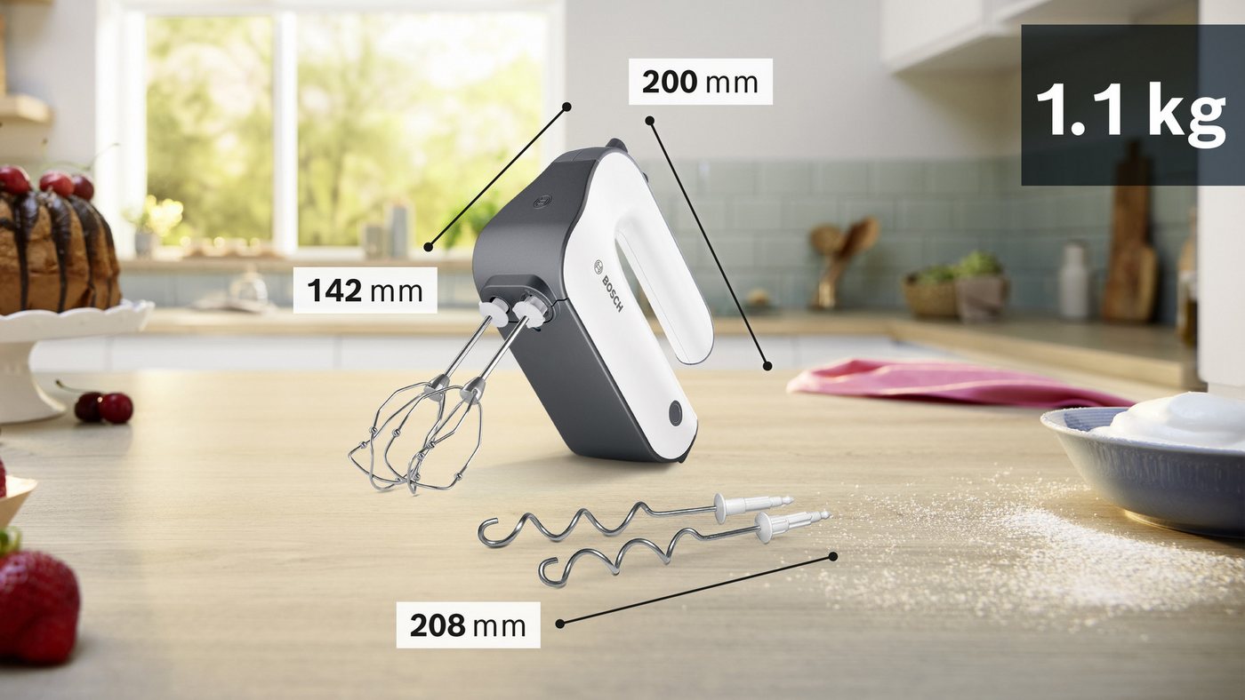 BOSCH Handmixer MFQ49300, Edelst. Rührbesen/Knethaken, 5 Stufen, Spiralkabel, 850 W, Turbotaste, Soft-Touch-Griff, leichtes Gehäuse, Made in Europe – Bild 2 von 5