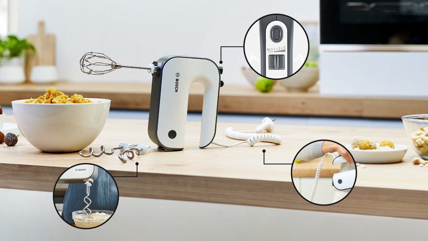 BOSCH Handmixer MFQ49300, Edelst. Rührbesen/Knethaken, 5 Stufen, Spiralkabel, 850 W, Turbotaste, Soft-Touch-Griff, leichtes Gehäuse, Made in Europe – Bild 3 von 5
