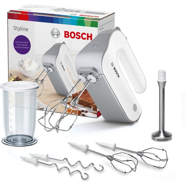 BOSCH Handmixer Styline MFQ4075DE, 2x Rührbesen, Knethaken Edelst., Mixfuß, weiß, 550 W, 5 Stufen, Turbotaste, Mixbecher, Made in Europe