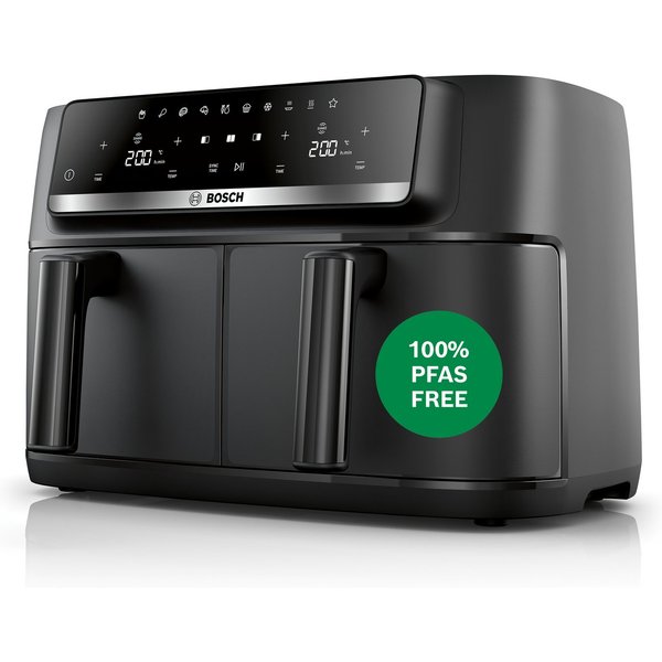 BOSCH Heißluftfritteuse Airfryer MAFD440B0, 2* 4,5L Kammer, spülmaschinengeeignet, schwarz, 2500 W, PFAs frei, einfache Reinigung, 6 voreingestellte Programme