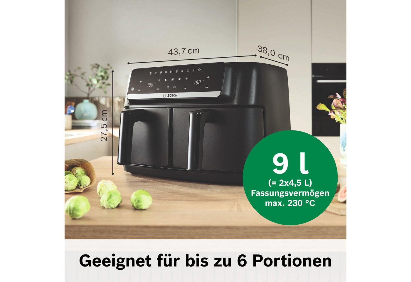 BOSCH Heißluftfritteuse Airfryer MAFD440B0, 2* 4,5L Kammer, spülmaschinengeeignet, schwarz, 2500 W, PFAs frei, einfache Reinigung, 6 voreingestellte Programme – Bild 2 von 5
