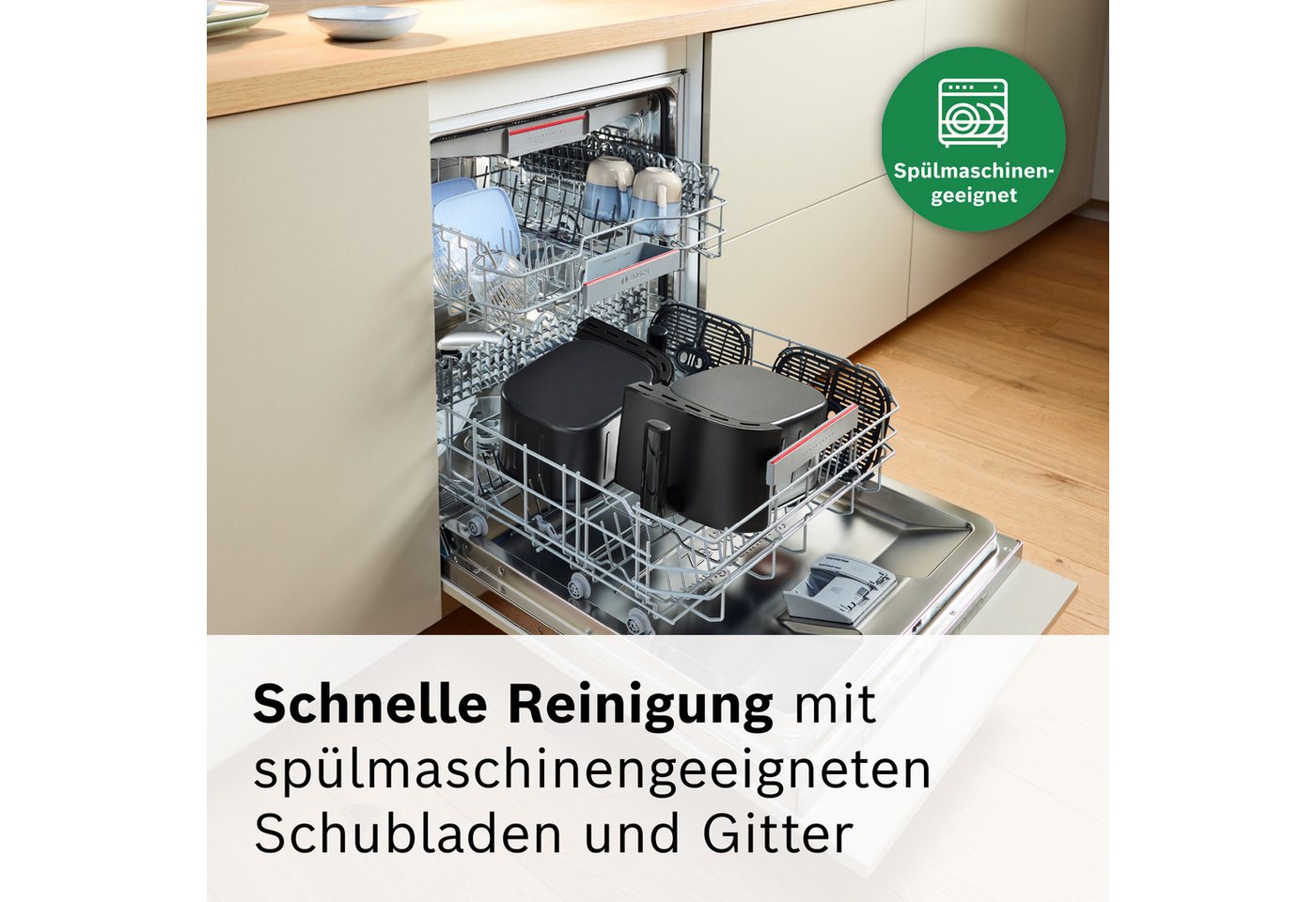 BOSCH Heißluftfritteuse Airfryer MAFD440B0, 2* 4,5L Kammer, spülmaschinengeeignet, schwarz, 2500 W, PFAs frei, einfache Reinigung, 6 voreingestellte Programme – Bild 5 von 5